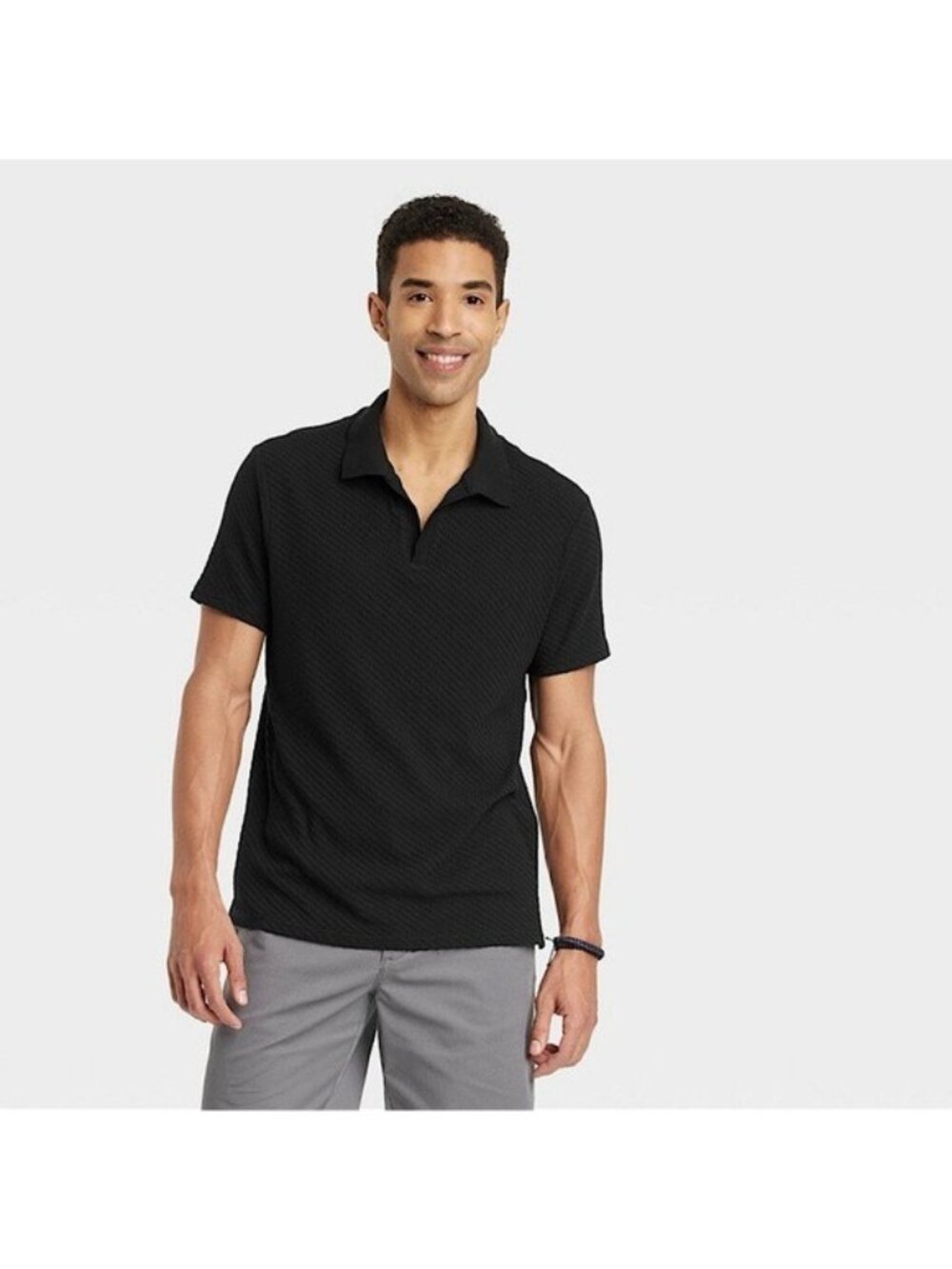 Goodfellow & Co Men's Black Textured Knit Short Sleeve V-Neck Polo Shirt XXL